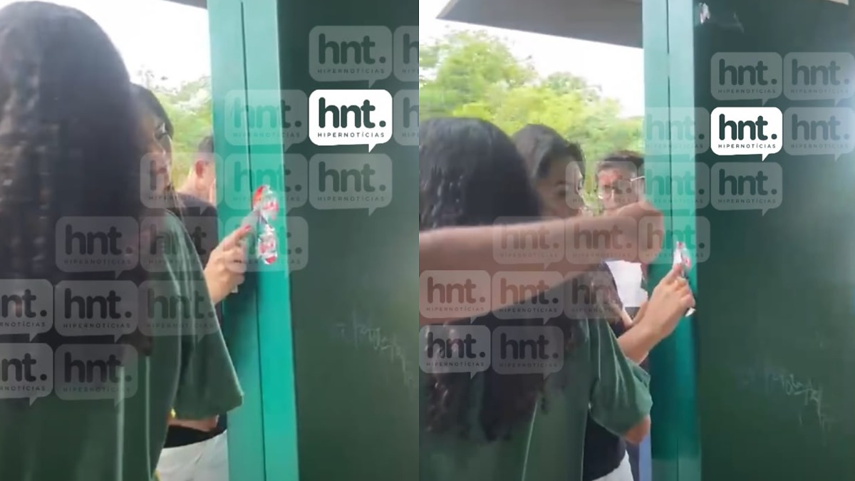 Mulher usa faca para retirar adesivo político em ponto de ônibus em Cuiabá