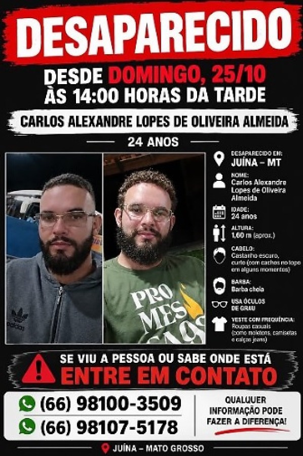Família procura marceneiro de 24 anos desaparecido há dois dias em MT