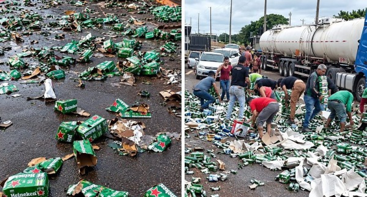 Populares saqueiam carga de cerveja após acidente na MT-358