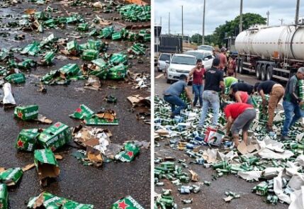 Caminhão carregado com cerveja tomba em rodovia e tem carga saqueada por populares